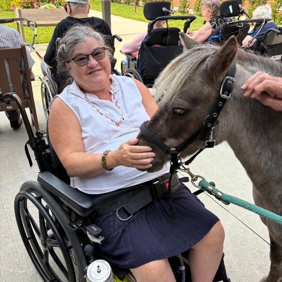 A smiling resident in a wheelchair pets the miniature pony