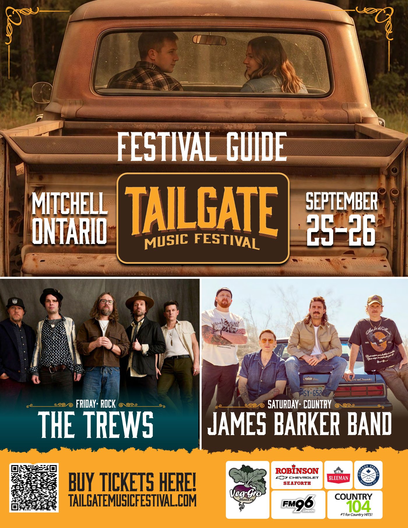 Tailgate Music Festival 2026 poster - Friday September 25 rock with The Trews, Saturday September 26 country with James Barker Band, in Mitchell Ontario