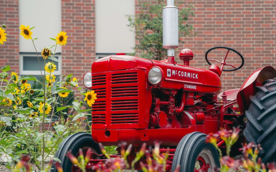 The restored McCormick tractor in the Village gardens